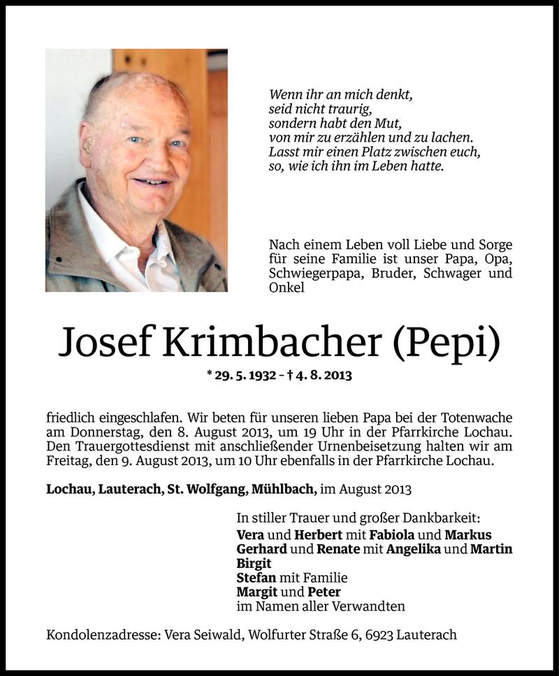  Todesanzeige für Josef Krimbacher vom 06.08.2013 aus Vorarlberger Nachrichten