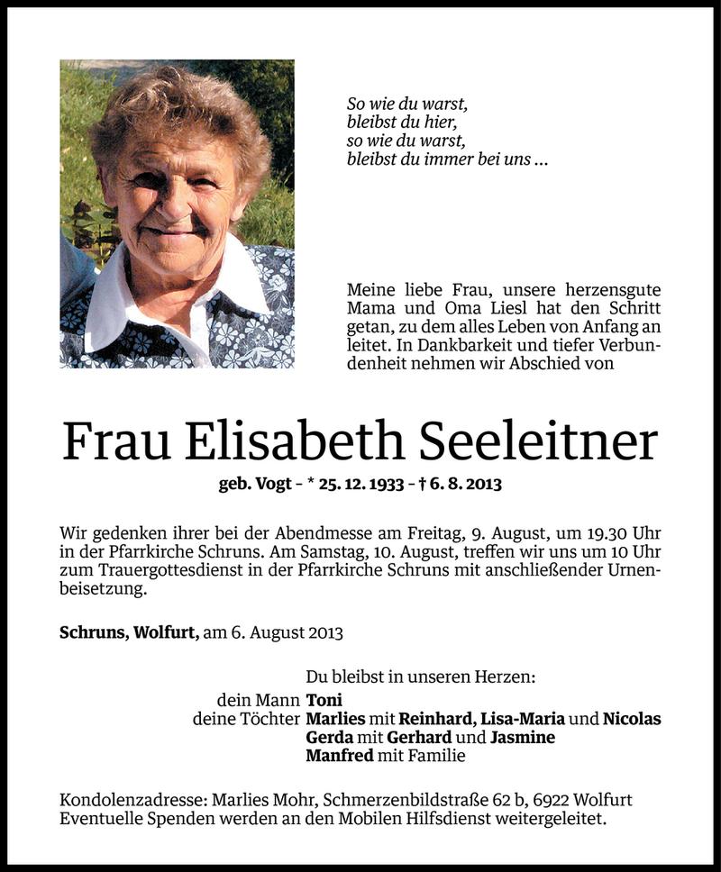  Todesanzeige für Elisabeth Seeleitner vom 07.08.2013 aus Vorarlberger Nachrichten