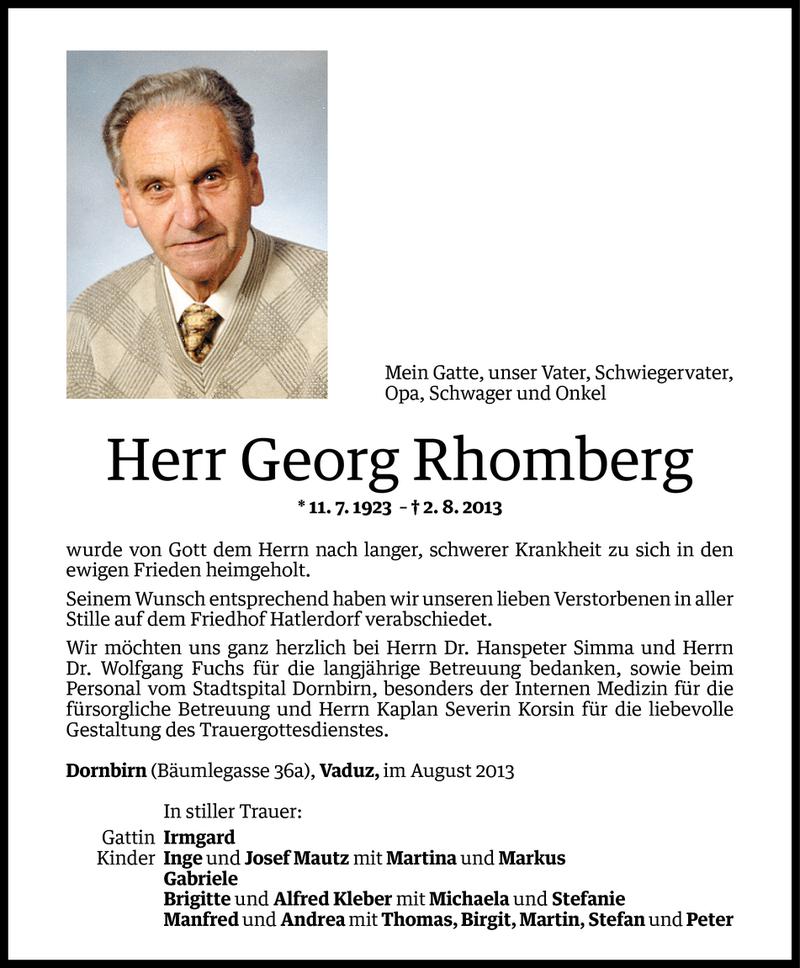  Todesanzeige für Georg Rhomberg vom 08.08.2013 aus Vorarlberger Nachrichten