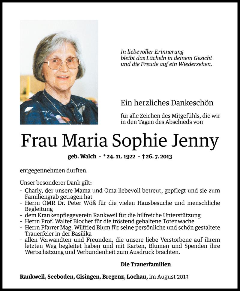  Todesanzeige für Maria Sophie Jenny vom 09.08.2013 aus Vorarlberger Nachrichten