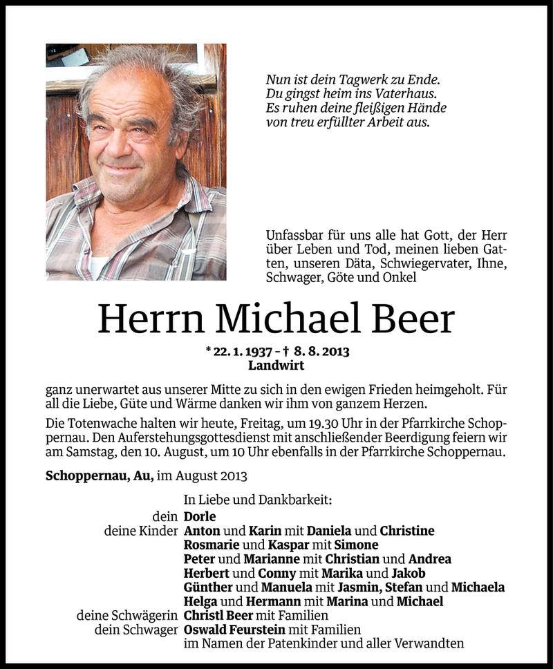  Todesanzeige für Michael Beer vom 08.08.2013 aus Vorarlberger Nachrichten