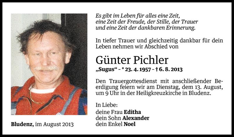  Todesanzeige für Günter Pichler vom 10.08.2013 aus Vorarlberger Nachrichten
