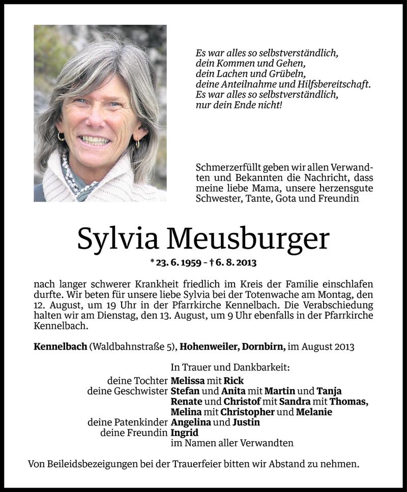  Todesanzeige für Sylvia Meusburger vom 09.08.2013 aus Vorarlberger Nachrichten