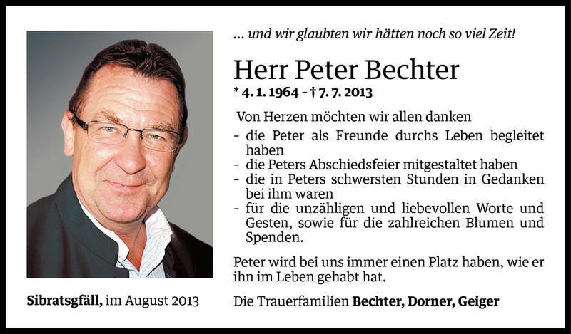  Todesanzeige für Peter Bechter vom 09.08.2013 aus Vorarlberger Nachrichten