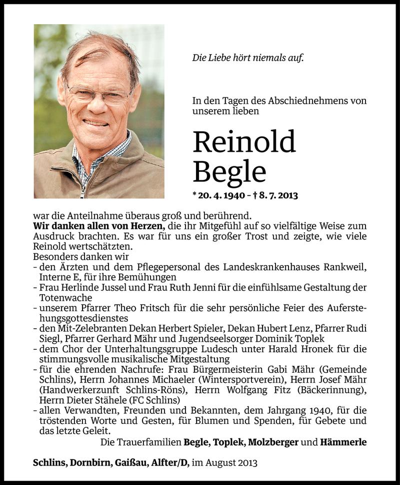  Todesanzeige für Reinold Begle vom 09.08.2013 aus Vorarlberger Nachrichten