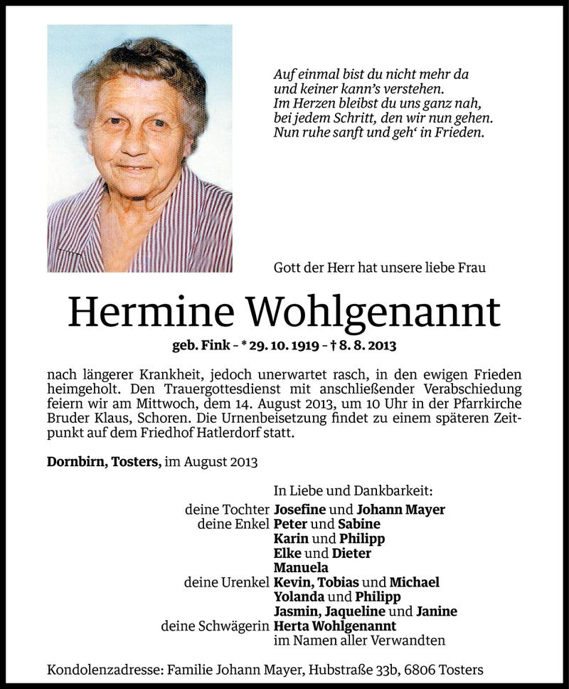  Todesanzeige für Hermine Wohlgenannt vom 11.08.2013 aus Vorarlberger Nachrichten