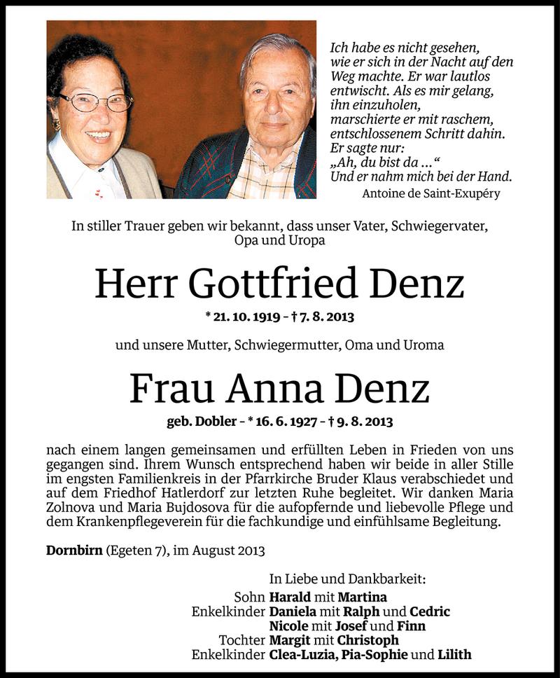  Todesanzeige für Gottfried und Anna Denz vom 12.08.2013 aus Vorarlberger Nachrichten