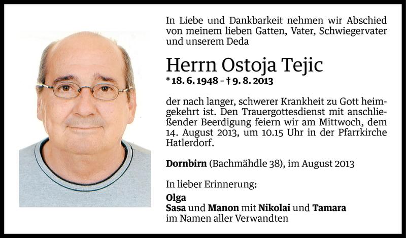  Todesanzeige für Ostoja Tejic vom 11.08.2013 aus Vorarlberger Nachrichten