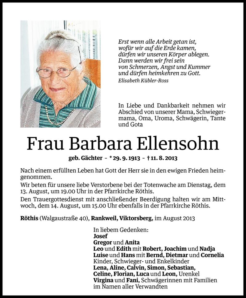  Todesanzeige für Barbara Ellensohn vom 13.08.2013 aus Vorarlberger Nachrichten