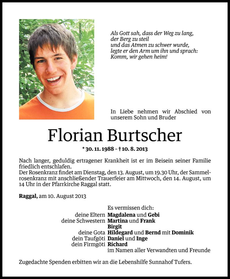  Todesanzeige für Florian Burtscher vom 12.08.2013 aus Vorarlberger Nachrichten