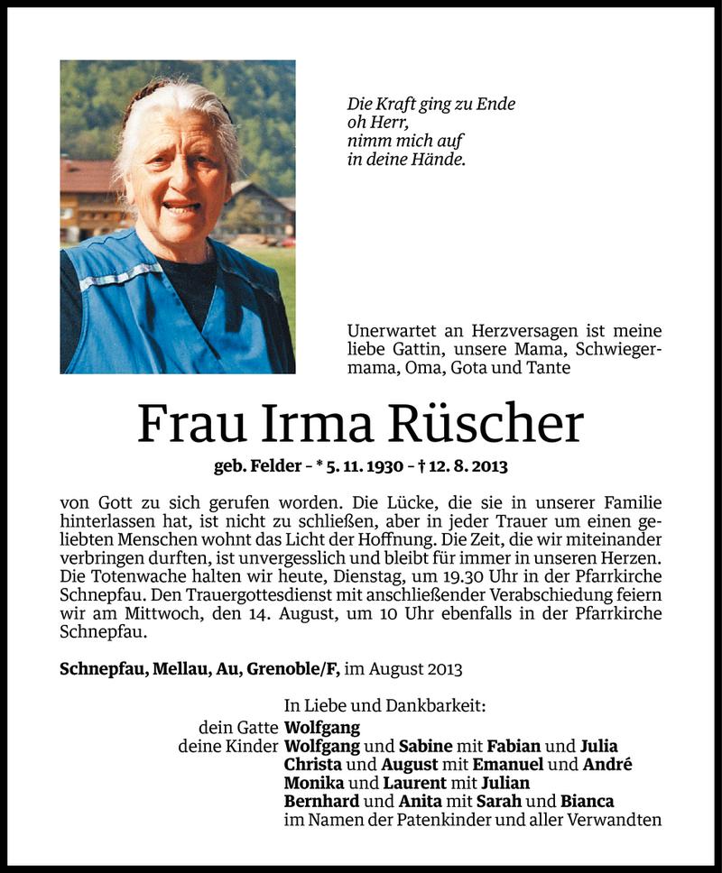  Todesanzeige für Irma Rüscher vom 12.08.2013 aus Vorarlberger Nachrichten