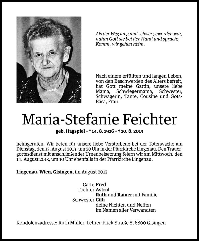  Todesanzeige für Maria-Stefanie Feichter vom 12.08.2013 aus Vorarlberger Nachrichten