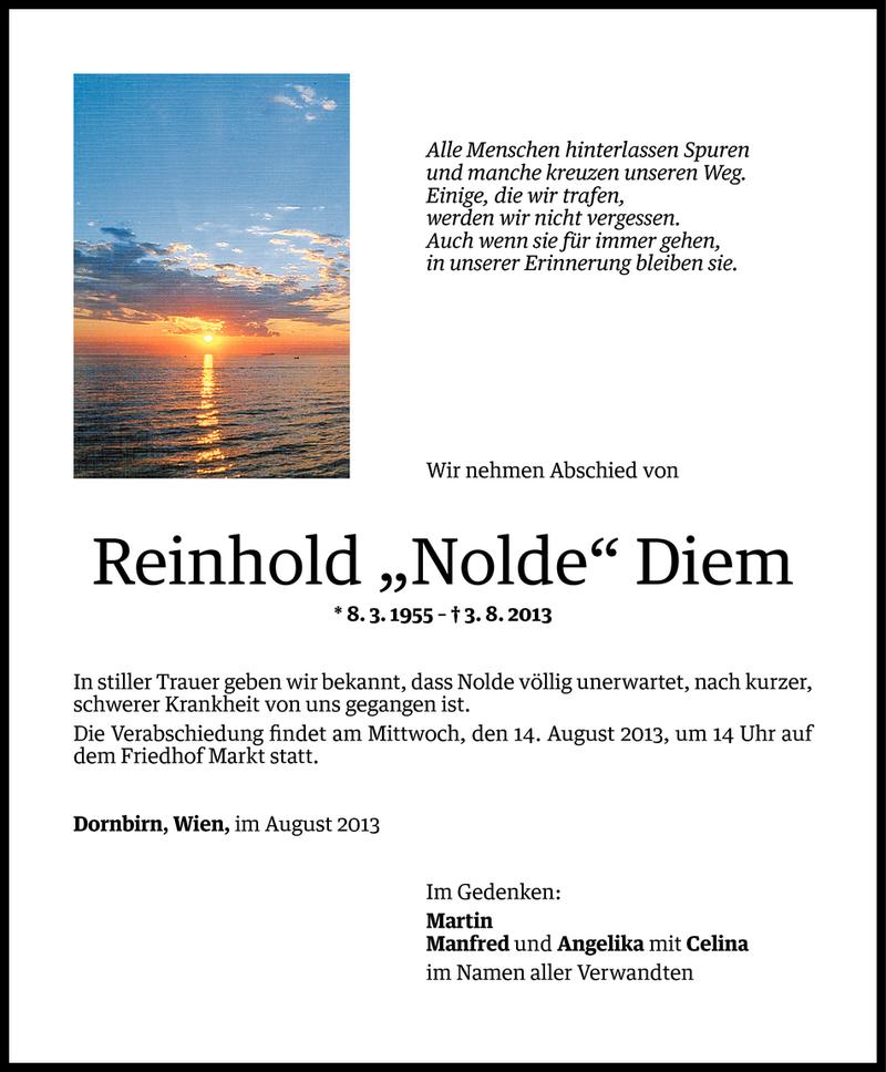  Todesanzeige für Reinhold Diem vom 12.08.2013 aus Vorarlberger Nachrichten