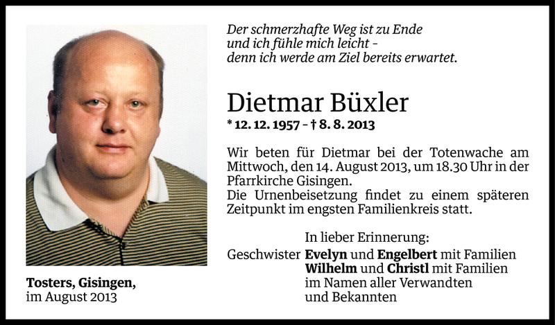  Todesanzeige für Dietmar Büxler vom 12.08.2013 aus Vorarlberger Nachrichten