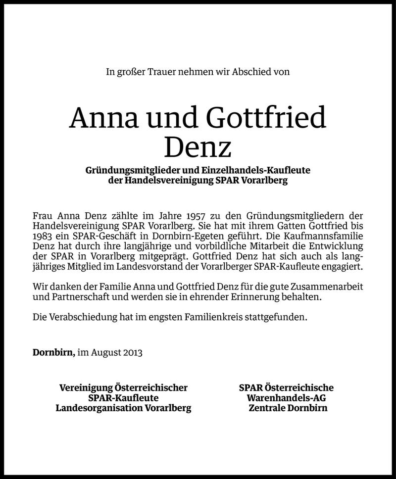  Todesanzeige für Gottfried und Anna Denz vom 12.08.2013 aus Vorarlberger Nachrichten