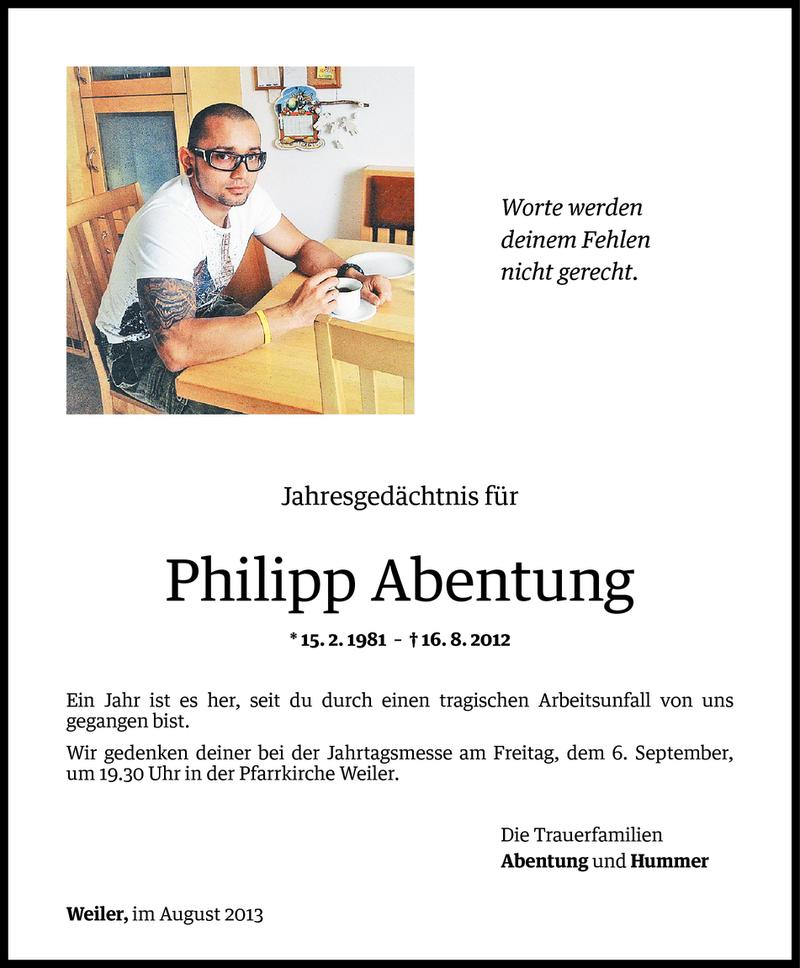  Todesanzeige für Philipp Abentung vom 15.08.2013 aus Vorarlberger Nachrichten