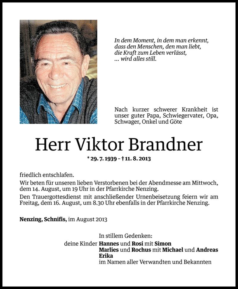  Todesanzeige für Viktor Brandner vom 12.08.2013 aus Vorarlberger Nachrichten