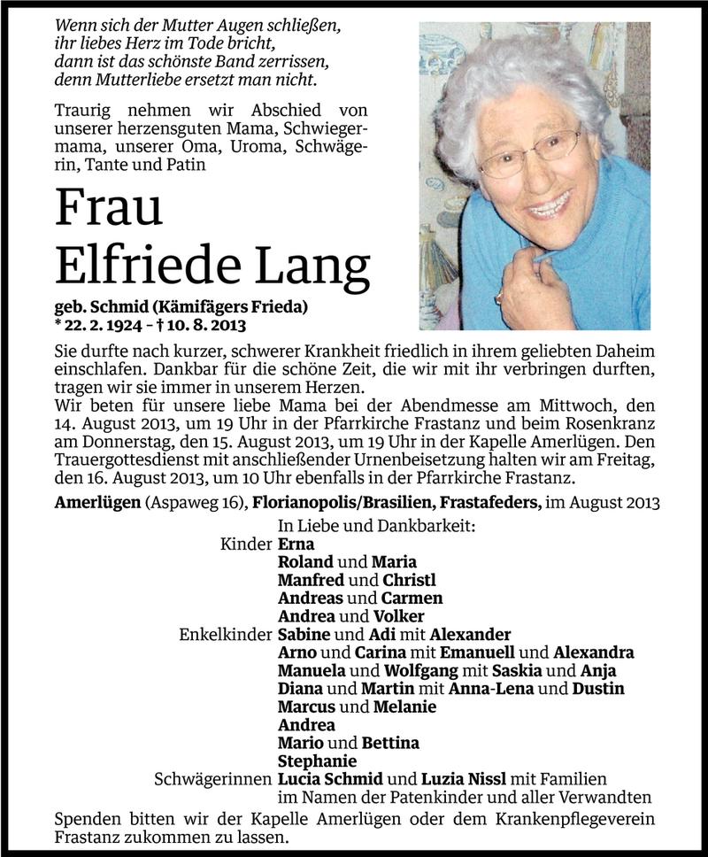  Todesanzeige für Elfriede Lang vom 12.08.2013 aus Vorarlberger Nachrichten