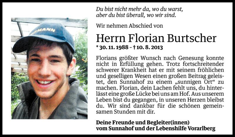  Todesanzeige für Florian Burtscher vom 12.08.2013 aus Vorarlberger Nachrichten