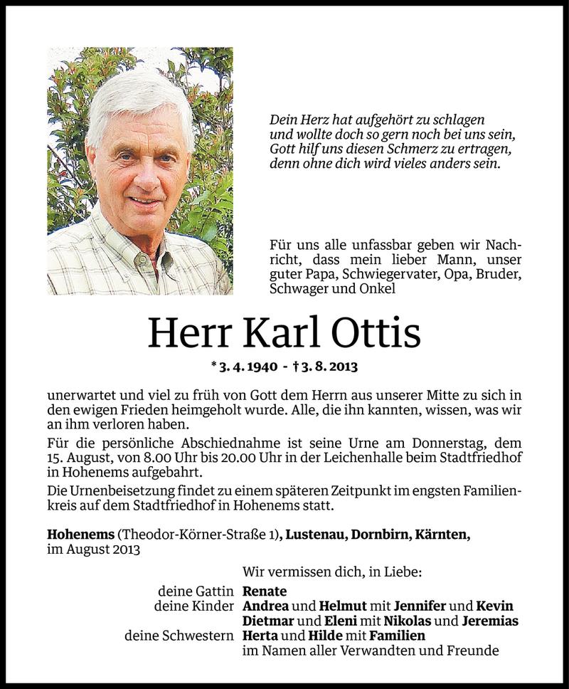  Todesanzeige für Karl Ottis vom 14.08.2013 aus Vorarlberger Nachrichten