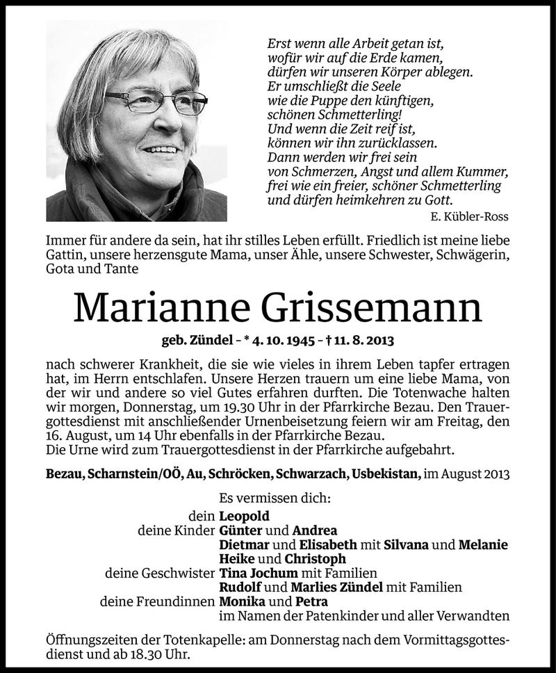  Todesanzeige für Marianne Grissemann vom 13.08.2013 aus Vorarlberger Nachrichten