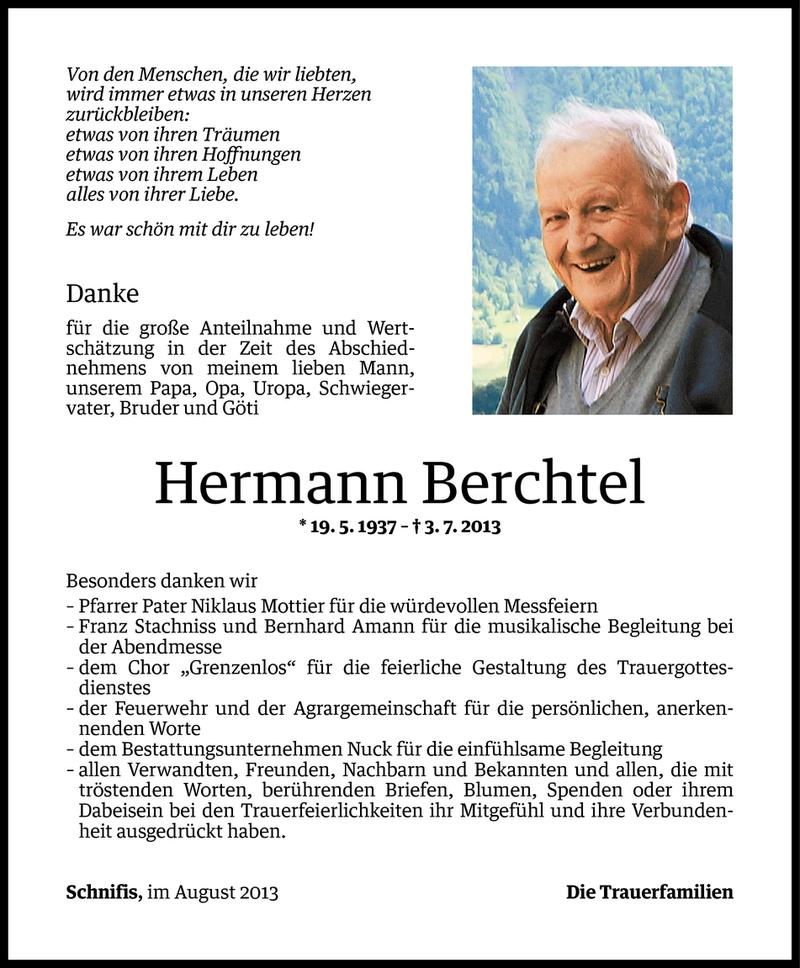  Todesanzeige für Hermann Berchtel vom 13.08.2013 aus Vorarlberger Nachrichten