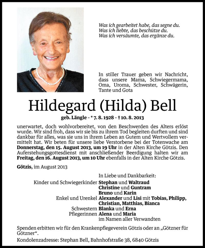  Todesanzeige für Hildegard Bell vom 13.08.2013 aus Vorarlberger Nachrichten