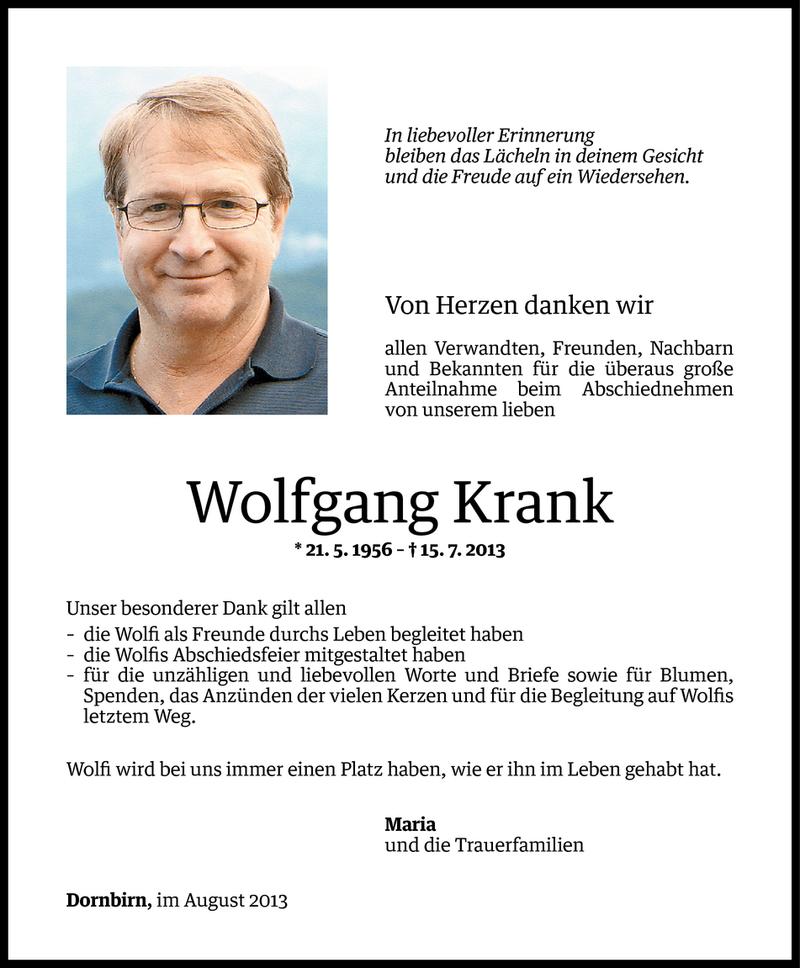  Todesanzeige für Wolfgang Krank vom 13.08.2013 aus Vorarlberger Nachrichten