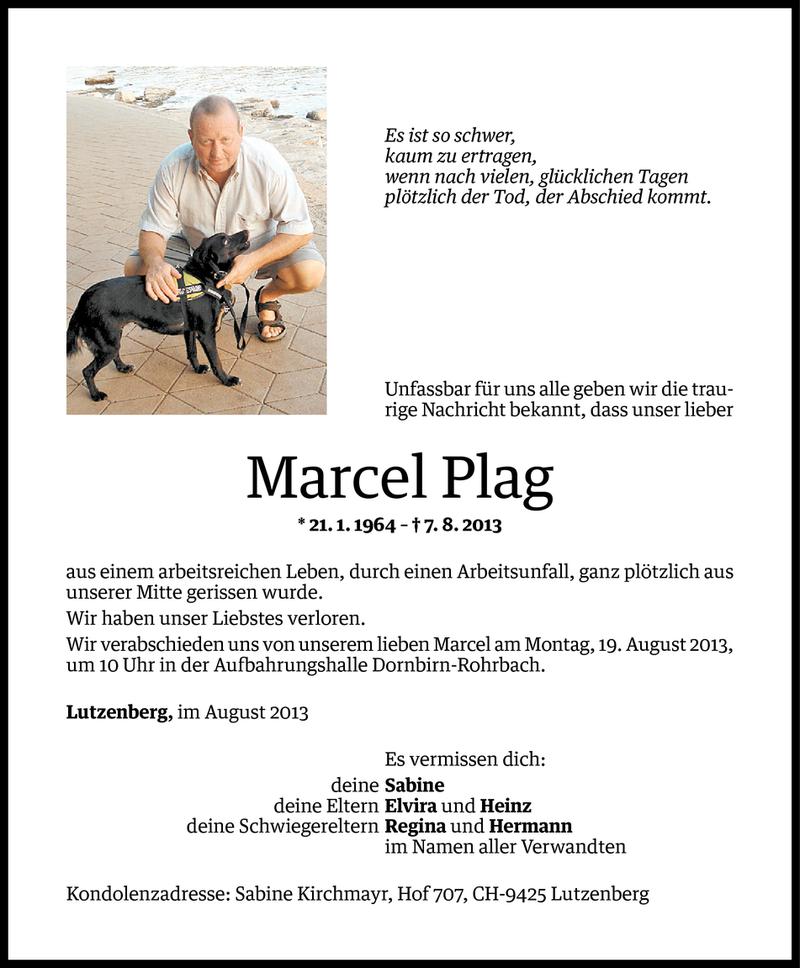  Todesanzeige für Marcel Plag vom 13.08.2013 aus Vorarlberger Nachrichten