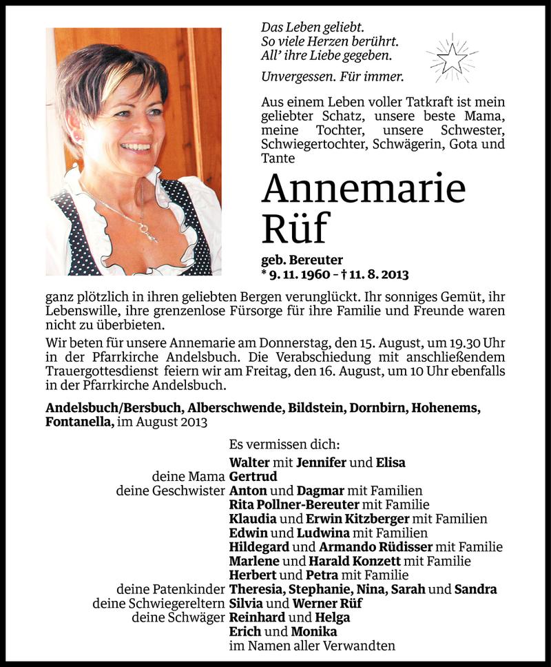  Todesanzeige für Annemarie Rüf vom 13.08.2013 aus Vorarlberger Nachrichten