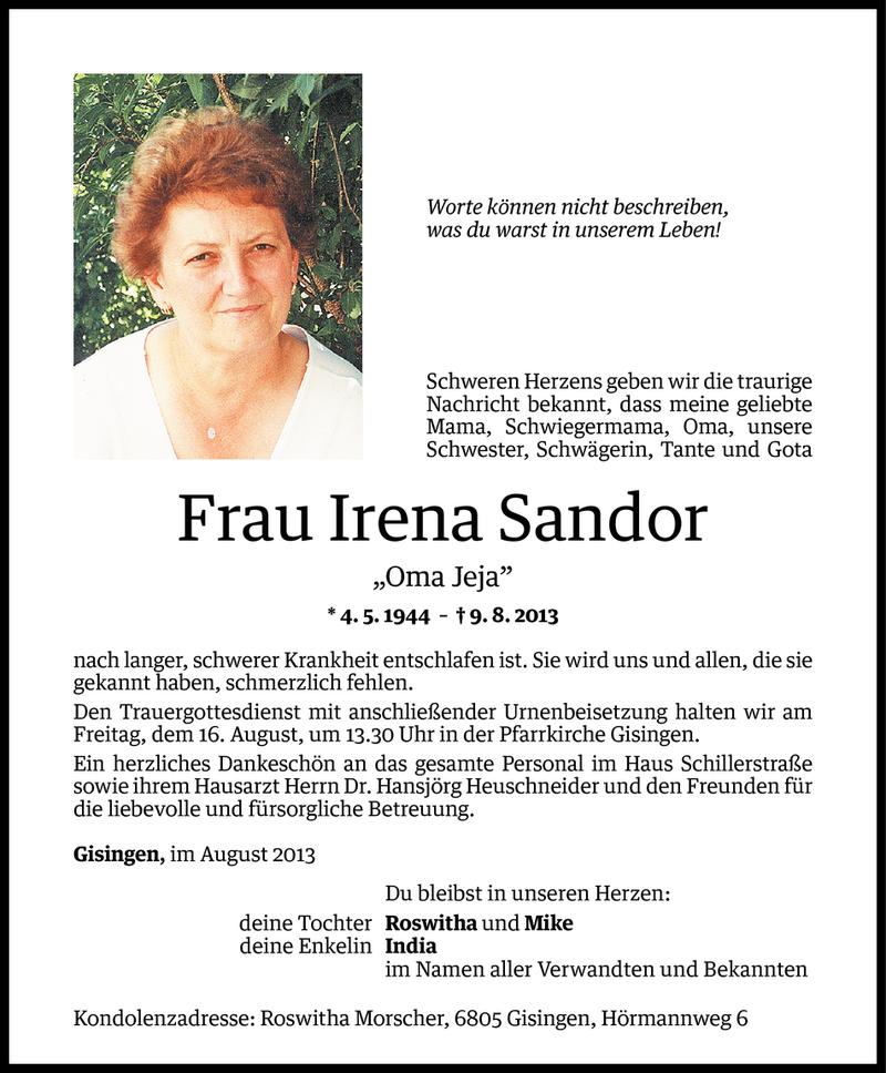  Todesanzeige für Irena Sandor vom 14.08.2013 aus Vorarlberger Nachrichten