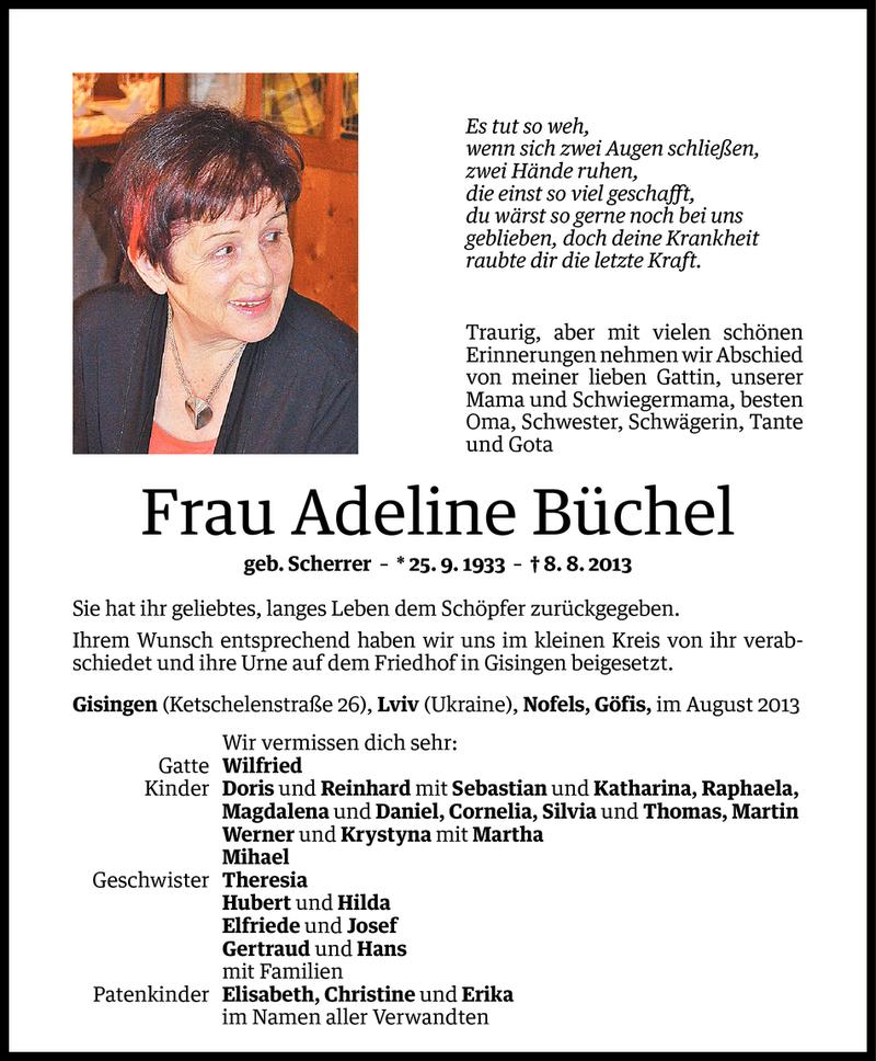  Todesanzeige für Adeline Büchel vom 15.08.2013 aus Vorarlberger Nachrichten