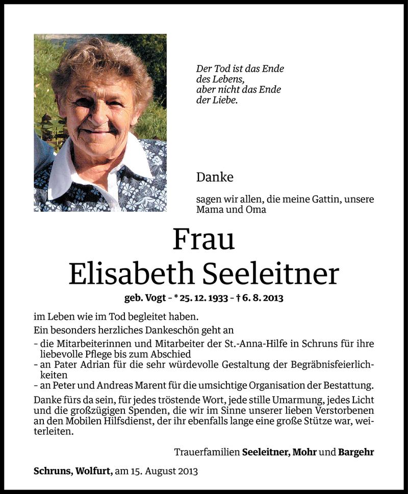  Todesanzeige für Elisabeth Seeleitner vom 14.08.2013 aus Vorarlberger Nachrichten