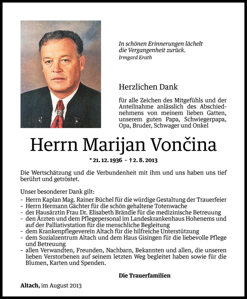  Todesanzeige für Marijan Voncina vom 21.08.2013 aus Vorarlberger Nachrichten