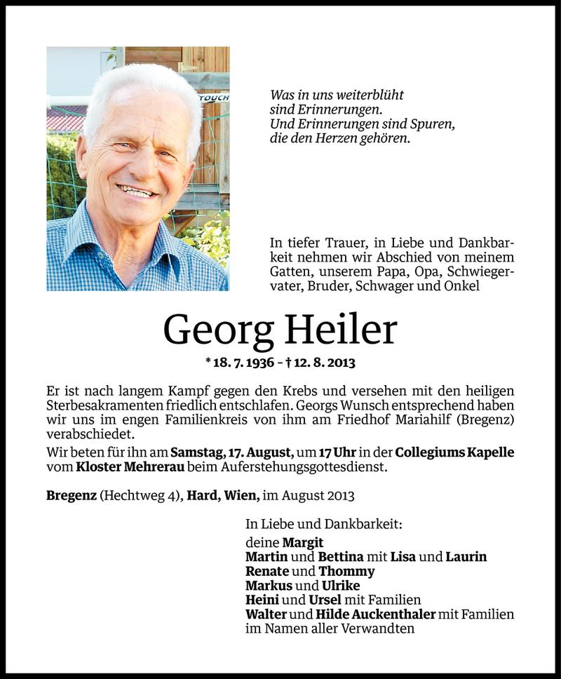  Todesanzeige für Georg Heiler vom 14.08.2013 aus Vorarlberger Nachrichten