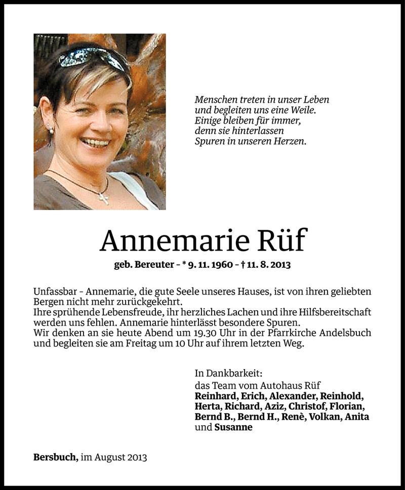  Todesanzeige für Annemarie Rüf vom 14.08.2013 aus Vorarlberger Nachrichten