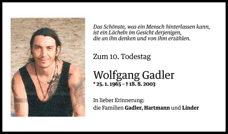  Todesanzeige für Wolfgang Gadler vom 16.08.2013 aus Vorarlberger Nachrichten