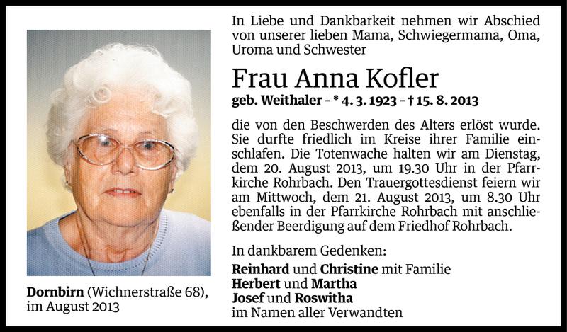  Todesanzeige für Anna Kofler vom 16.08.2013 aus Vorarlberger Nachrichten