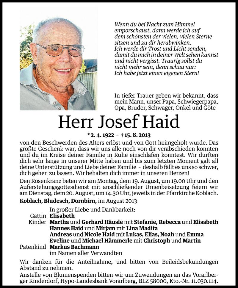  Todesanzeige für Josef Haid vom 17.08.2013 aus Vorarlberger Nachrichten