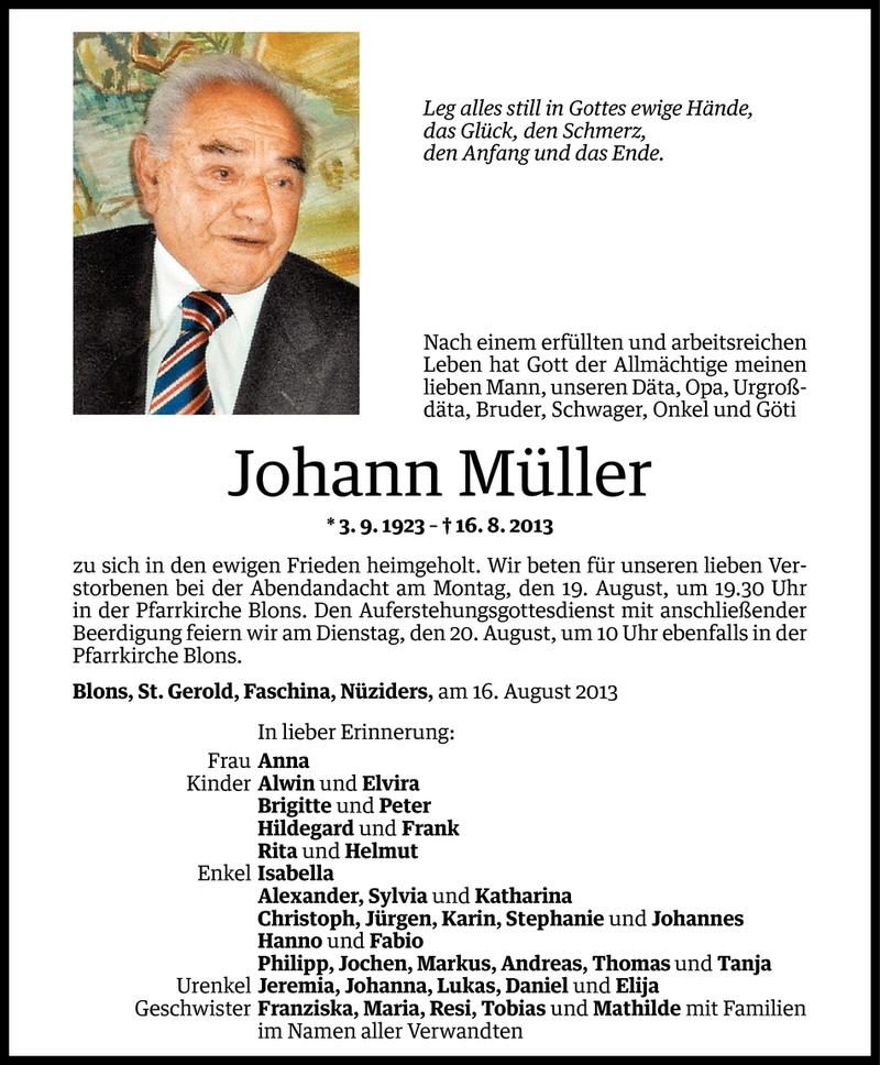  Todesanzeige für Johann Müller vom 16.08.2013 aus Vorarlberger Nachrichten