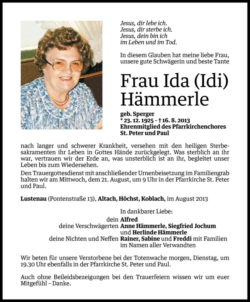  Todesanzeige für Ida Hämmerle vom 18.08.2013 aus Vorarlberger Nachrichten