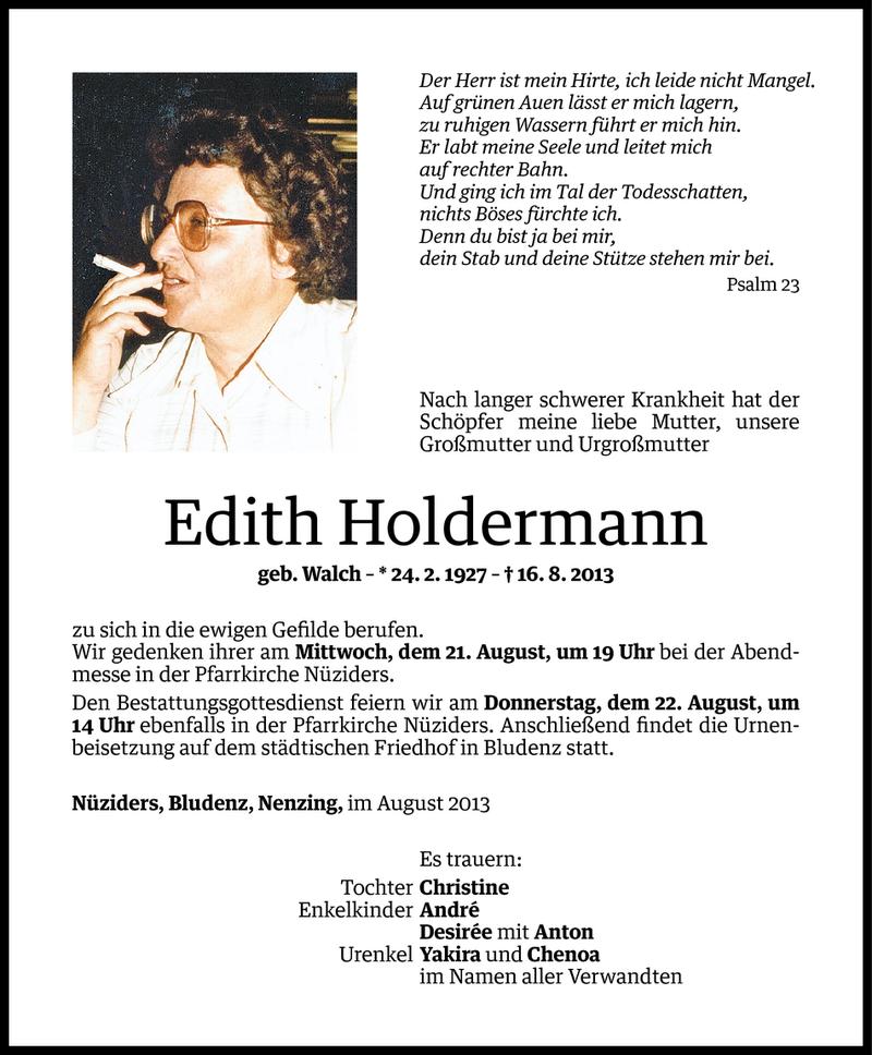  Todesanzeige für Edith Holdermann vom 19.08.2013 aus Vorarlberger Nachrichten