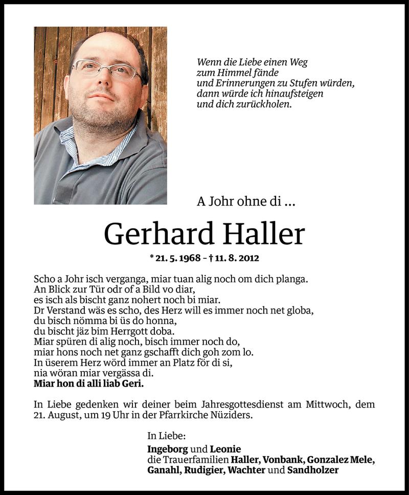  Todesanzeige für Gerhard Haller vom 20.08.2013 aus Vorarlberger Nachrichten