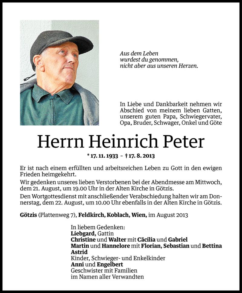  Todesanzeige für Heinrich Peter vom 20.08.2013 aus Vorarlberger Nachrichten