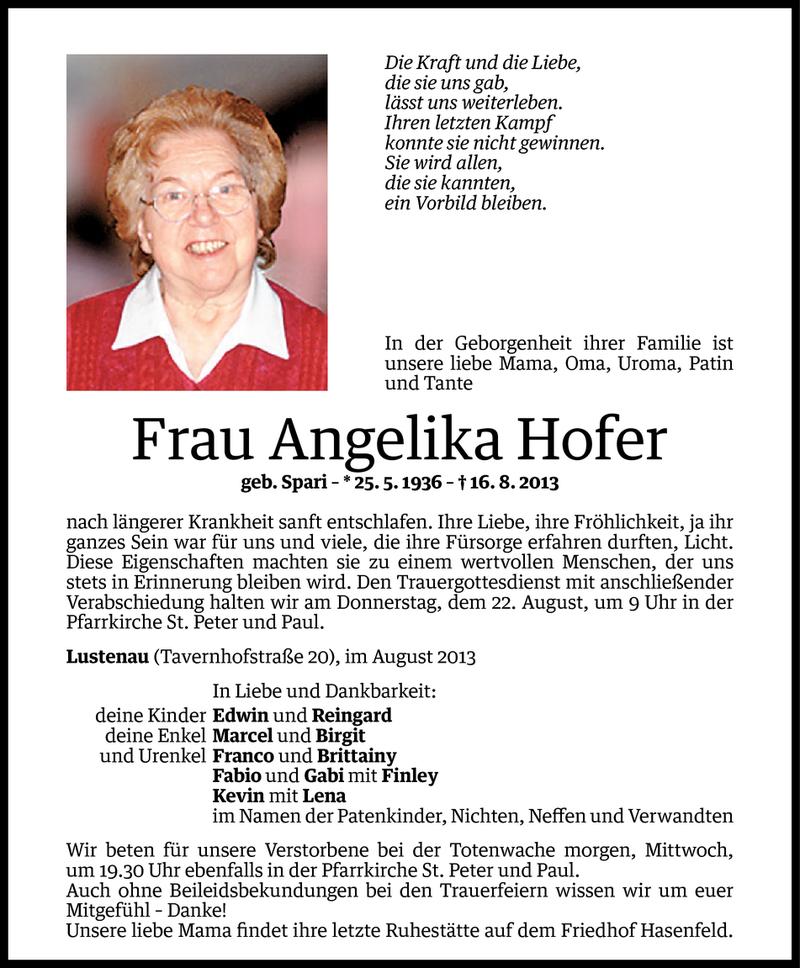  Todesanzeige für Angelika Hofer vom 19.08.2013 aus Vorarlberger Nachrichten