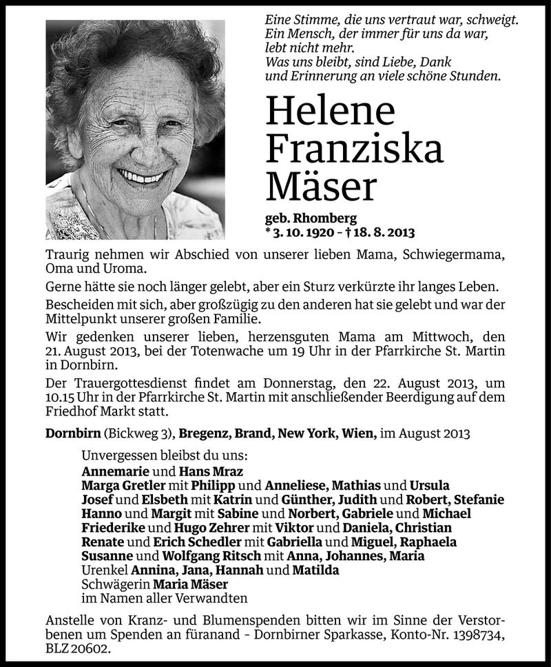  Todesanzeige für Helene Franziska Mäser vom 19.08.2013 aus Vorarlberger Nachrichten