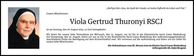  Todesanzeige für Viola Gertrud Thuronyi vom 19.08.2013 aus Vorarlberger Nachrichten