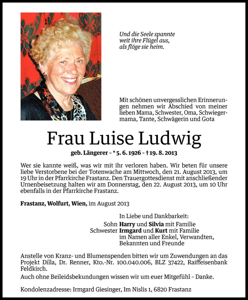  Todesanzeige für Luise Ludwig vom 19.08.2013 aus Vorarlberger Nachrichten