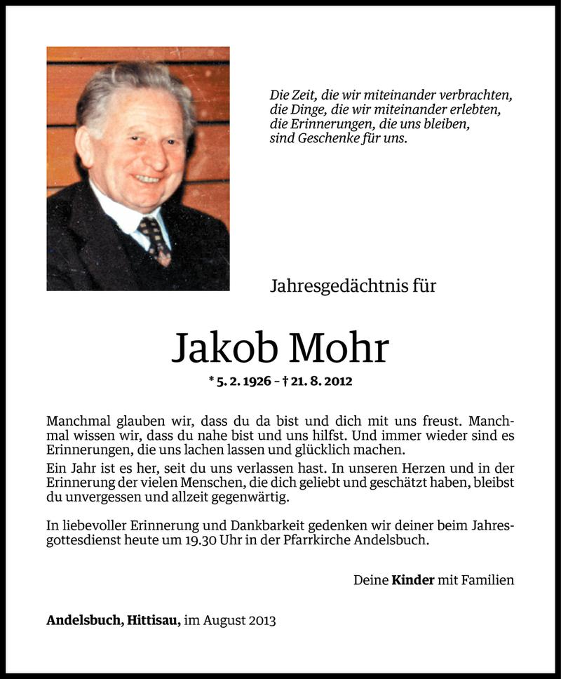  Todesanzeige für Jakob Mohr vom 20.08.2013 aus Vorarlberger Nachrichten