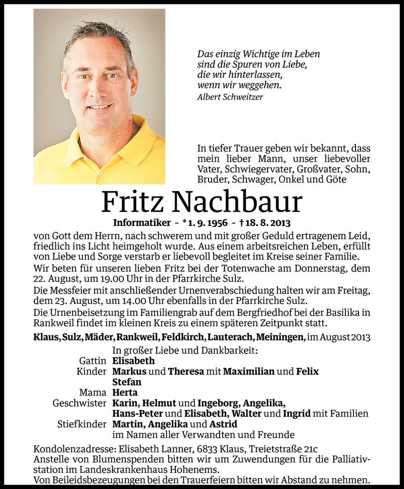  Todesanzeige für Fritz Nachbaur vom 21.08.2013 aus Vorarlberger Nachrichten